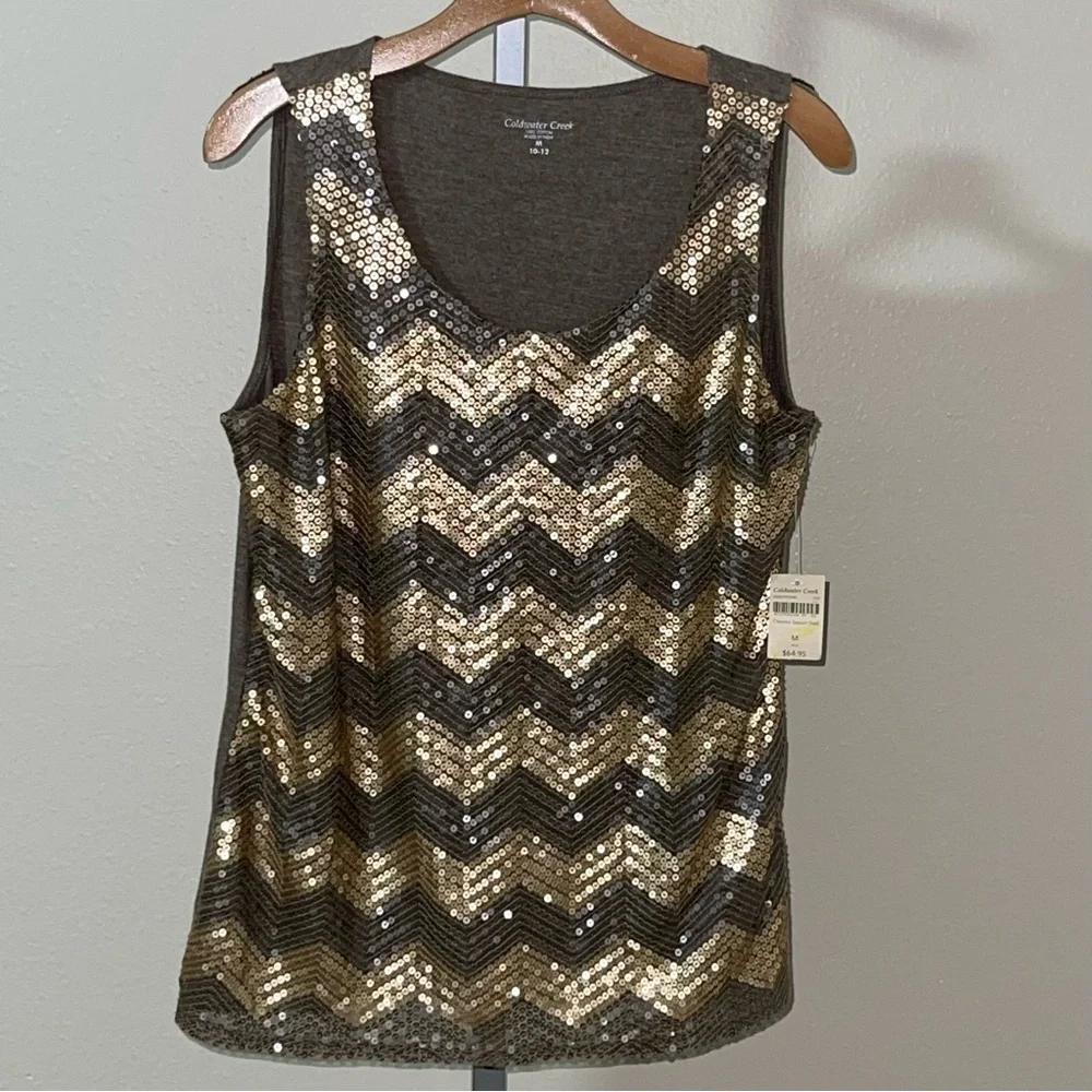 Coldwater Creek Brown Gold Chevron Sequin Shell Tank Top, Size M, XL - Picture 1 of 8